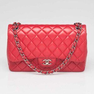 Chanel Red Quilted Lambskin Leather Classic Jumbo Double Flap Bag